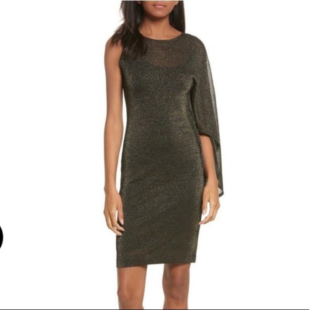 NWT Ted Baker Cocktail Black Gold Sparkly Shimmer Draped One Shoulder Dress